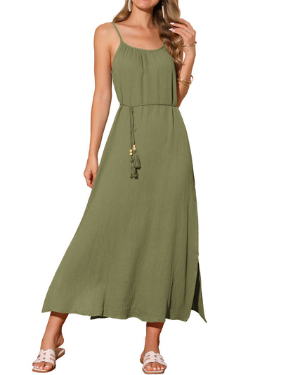 Women's Summer Dresses Linen Maxi Sundress Loose Tie Waist Spaghetti Strap Cami Casual Beach Dress