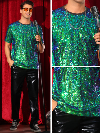 Sequin t Shirt for Men's Short Sleeve Round Neck Regular Fit Party Club Sparkly Disco Tee Top