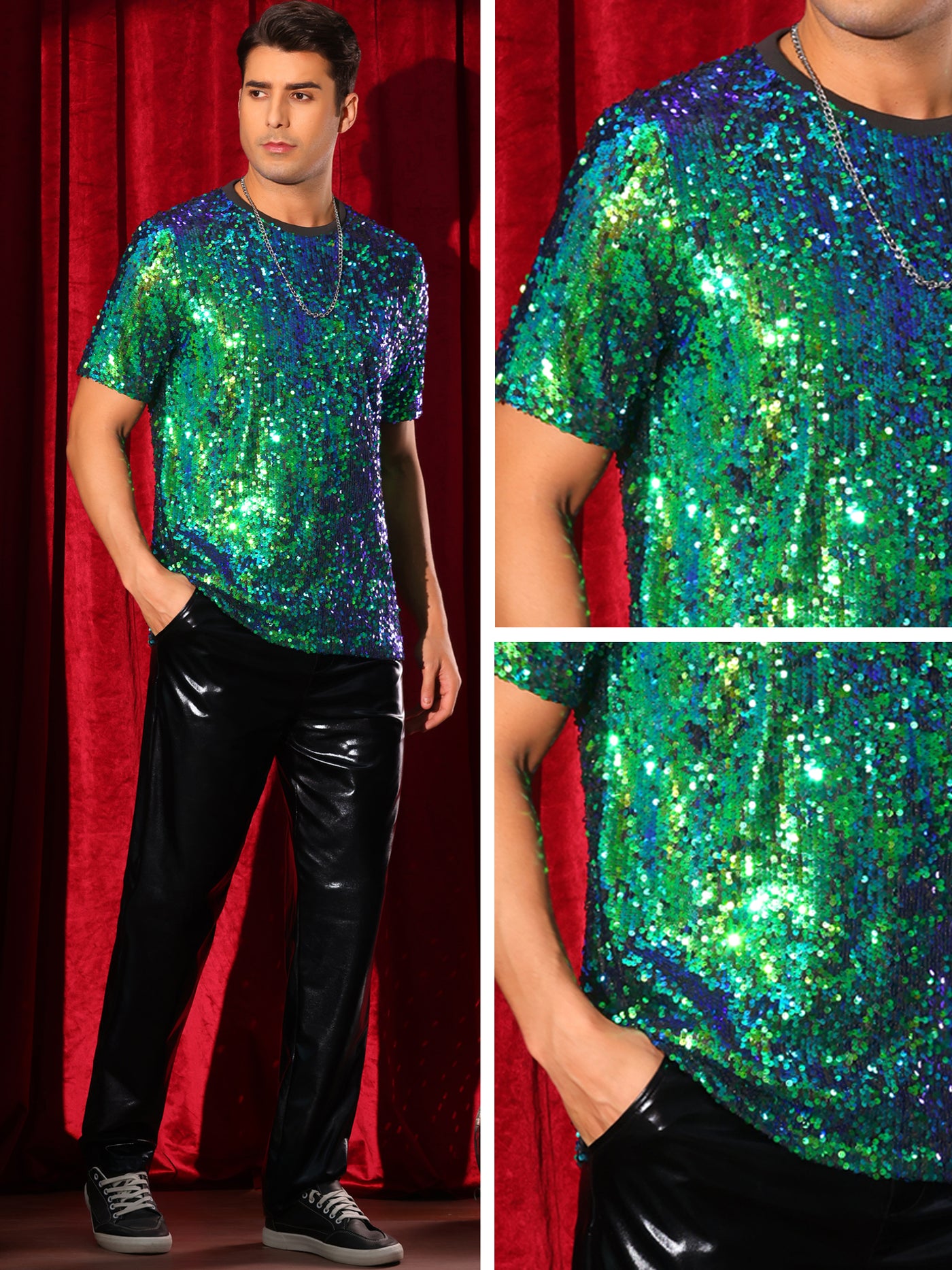 Bublédon Sequin t Shirt for Men's Short Sleeve Round Neck Regular Fit Party Club Sparkly Disco Tee Top