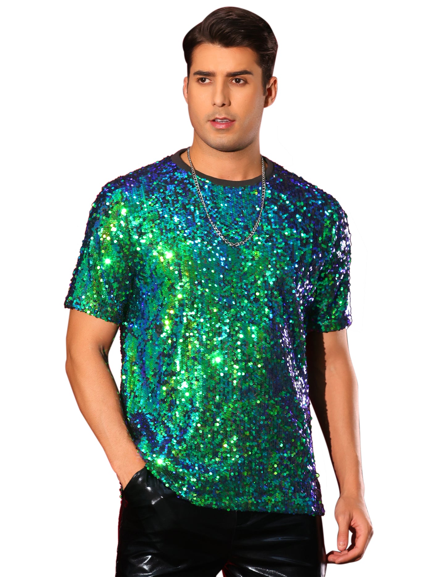 Bublédon Sequin t Shirt for Men's Short Sleeve Round Neck Regular Fit Party Club Sparkly Disco Tee Top