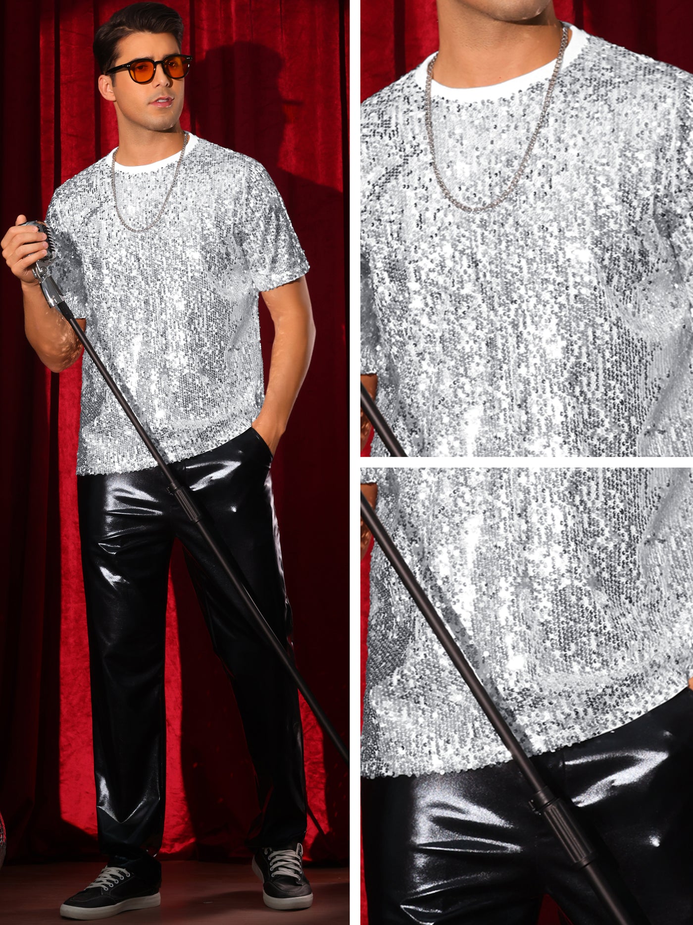 Bublédon Sequin t Shirt for Men's Short Sleeve Round Neck Regular Fit Party Club Sparkly Disco Tee Top