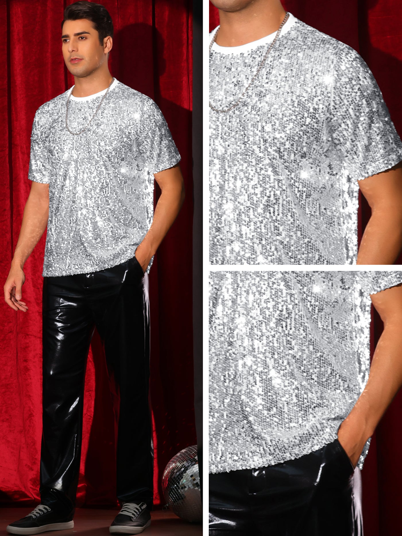 Bublédon Sequin t Shirt for Men's Short Sleeve Round Neck Regular Fit Party Club Sparkly Disco Tee Top