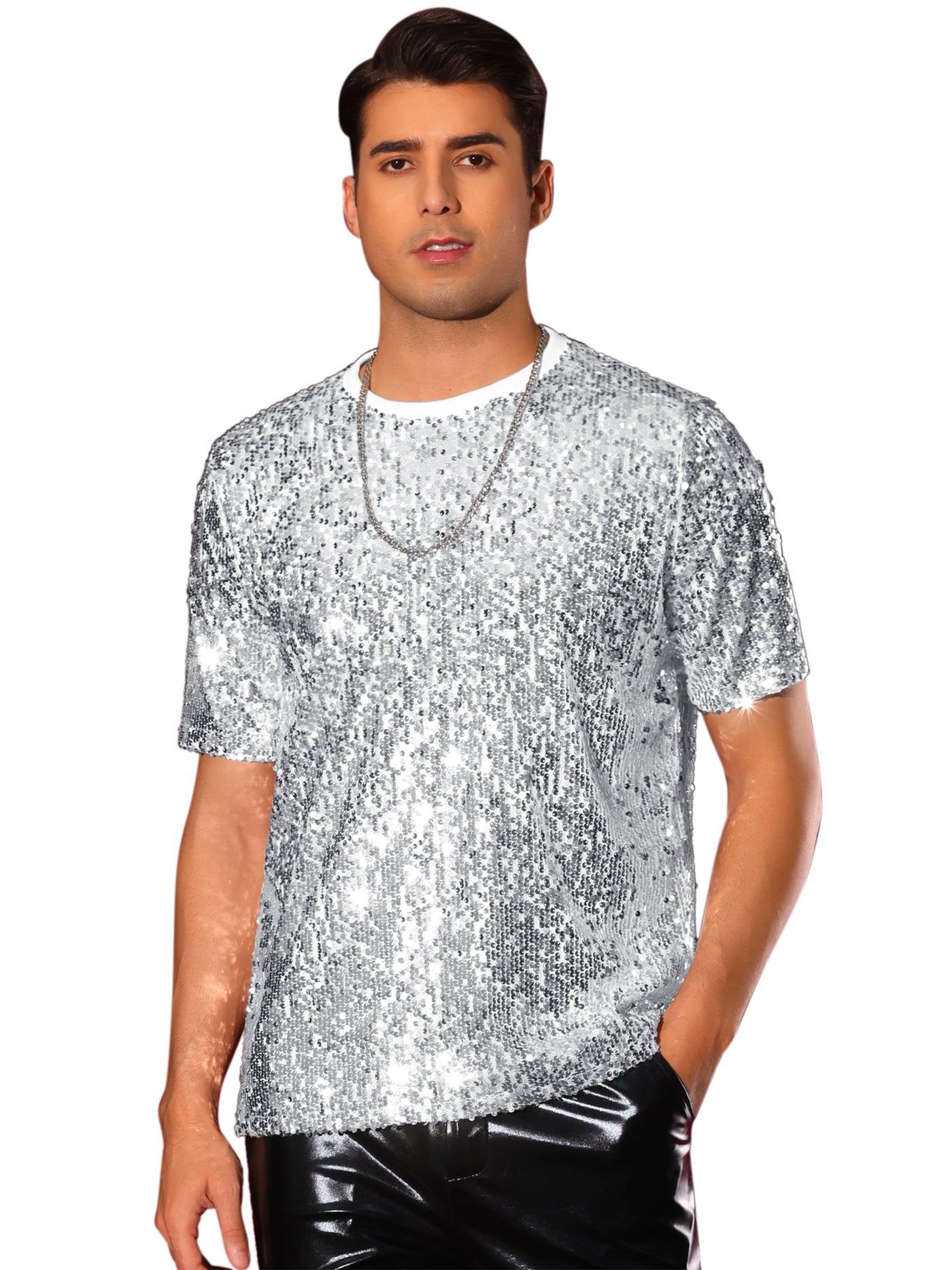 Bublédon Sequin t Shirt for Men's Short Sleeve Round Neck Regular Fit Party Club Sparkly Disco Tee Top