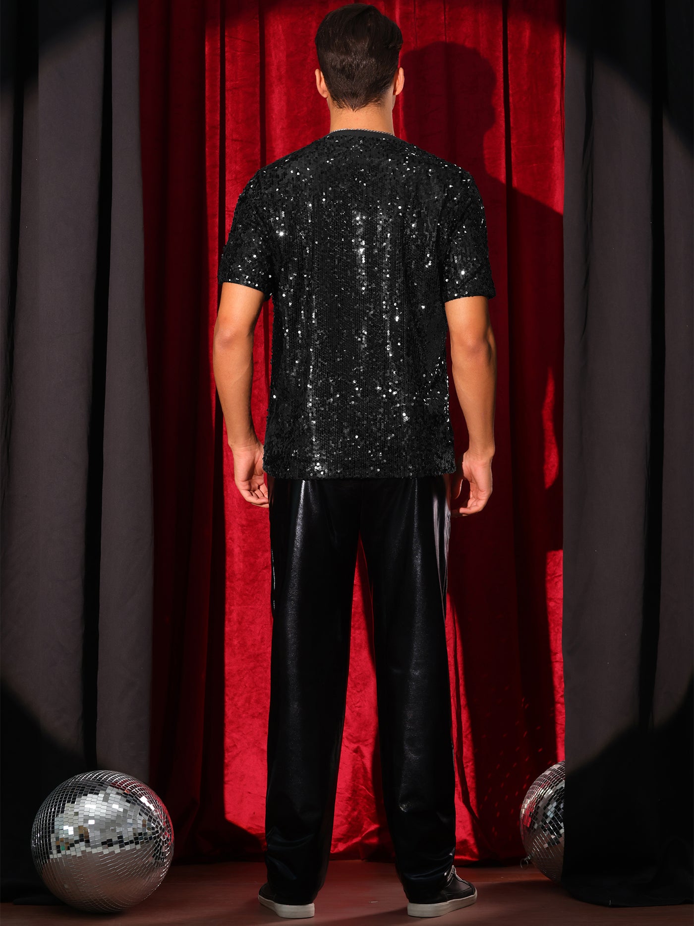 Bublédon Sequin t Shirt for Men's Short Sleeve Round Neck Regular Fit Party Club Sparkly Disco Tee Top