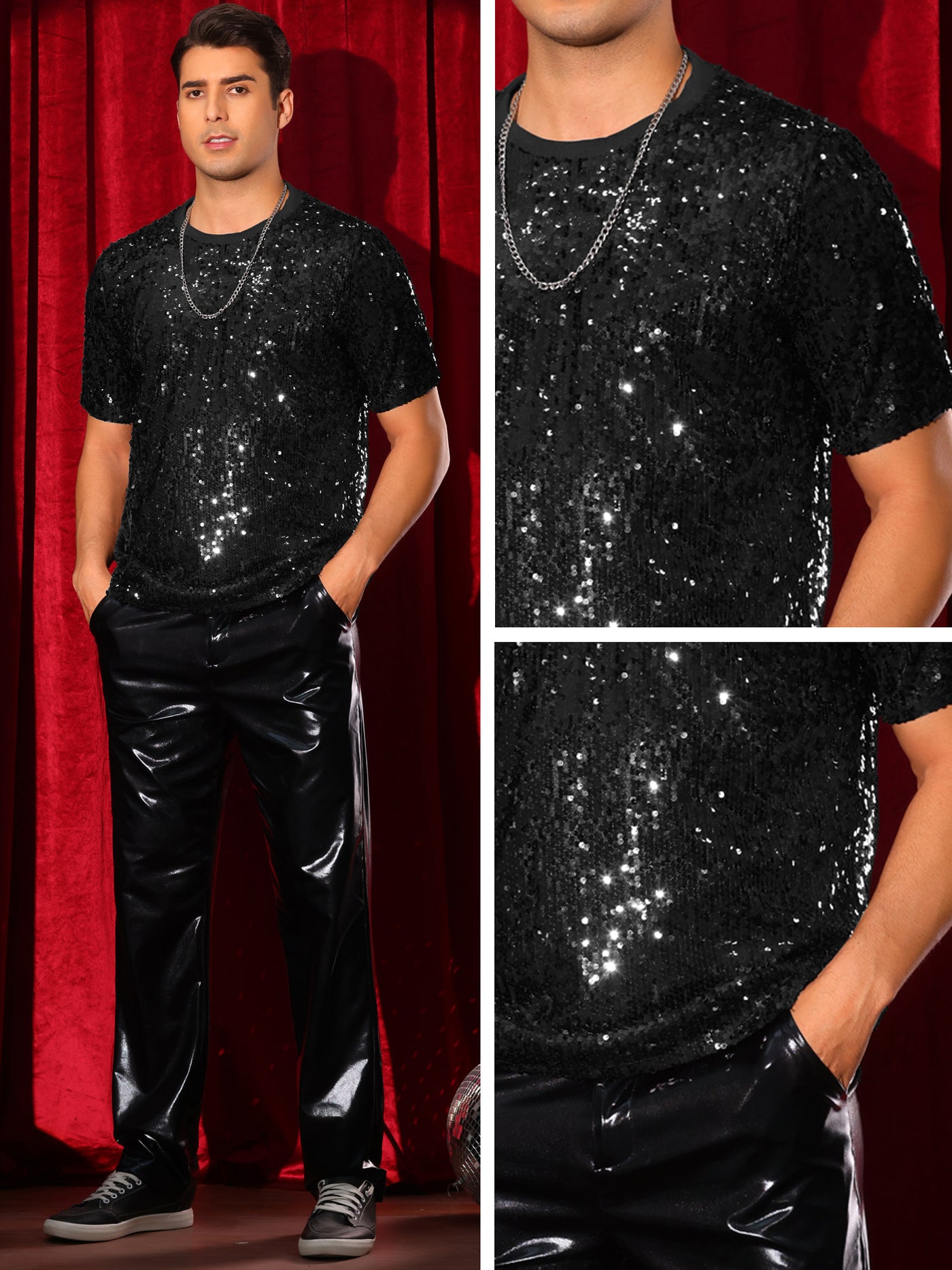 Bublédon Sequin t Shirt for Men's Short Sleeve Round Neck Regular Fit Party Club Sparkly Disco Tee Top