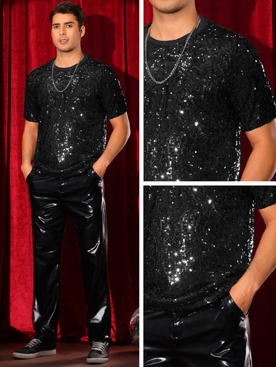 Sequin t Shirt for Men's Short Sleeve Round Neck Regular Fit Party Club Sparkly Disco Tee Top