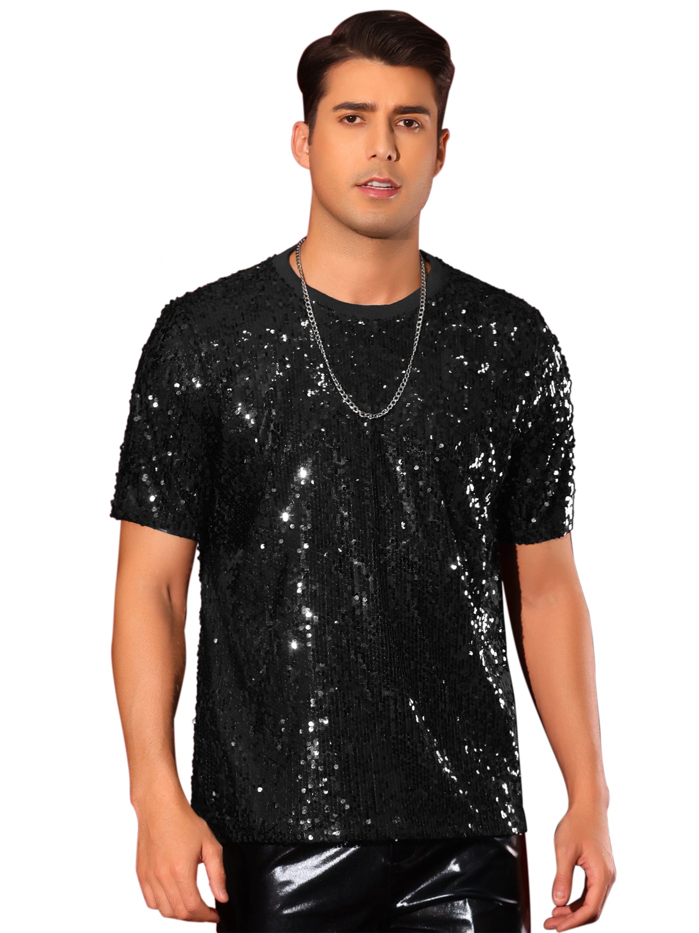 Bublédon Sequin t Shirt for Men's Short Sleeve Round Neck Regular Fit Party Club Sparkly Disco Tee Top