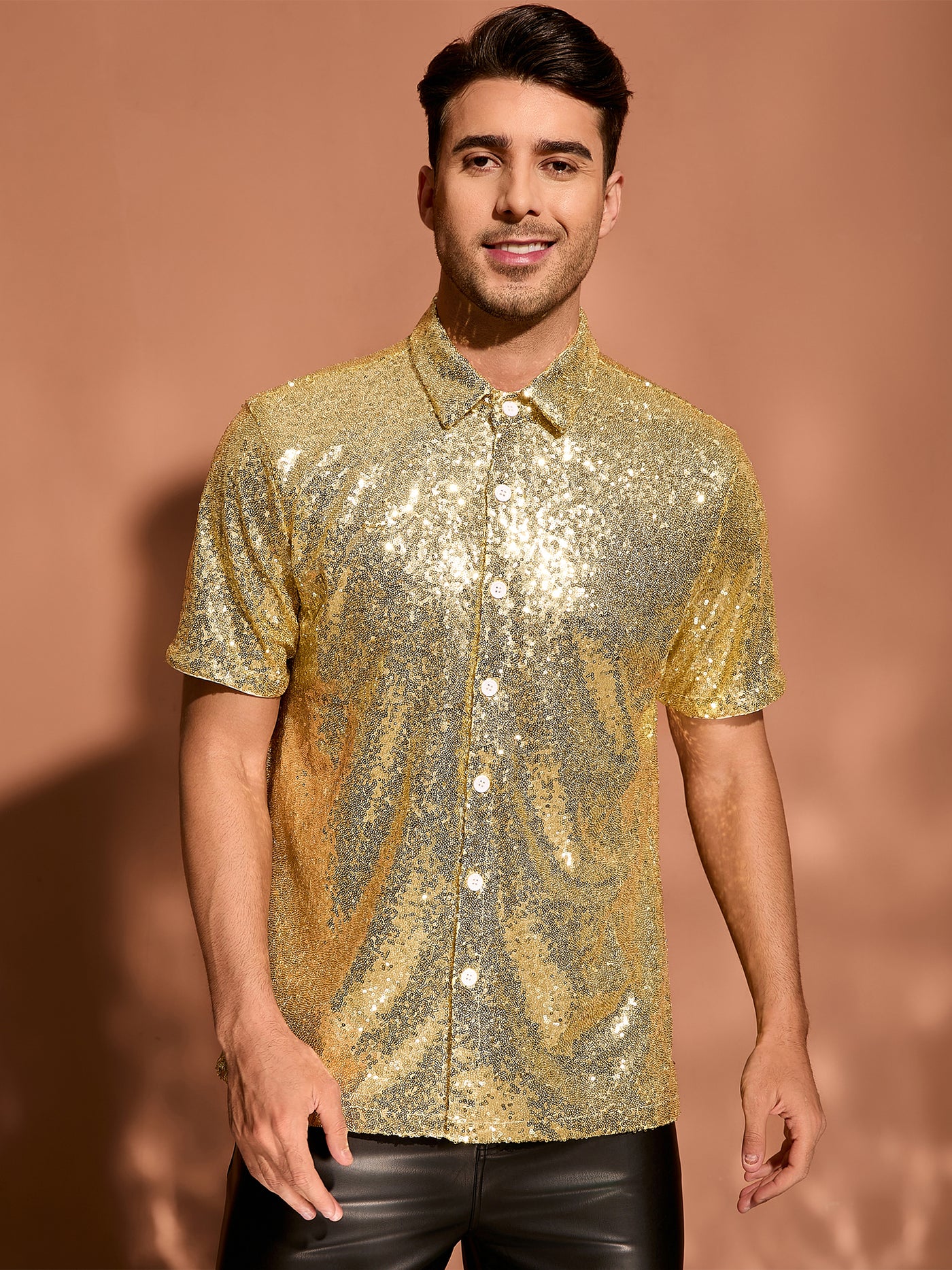 Bublédon Sequin Shirts for Men's Glitter 70s Disco Shirt Button Down Short Sleeve Metallic Tops