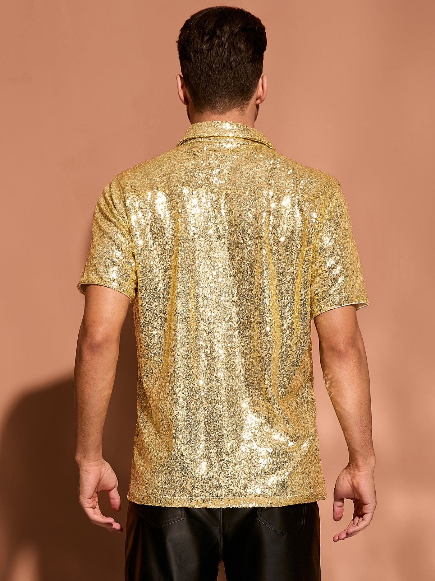 Bublédon Sequin Shirts for Men's Glitter 70s Disco Shirt Button Down Short Sleeve Metallic Tops