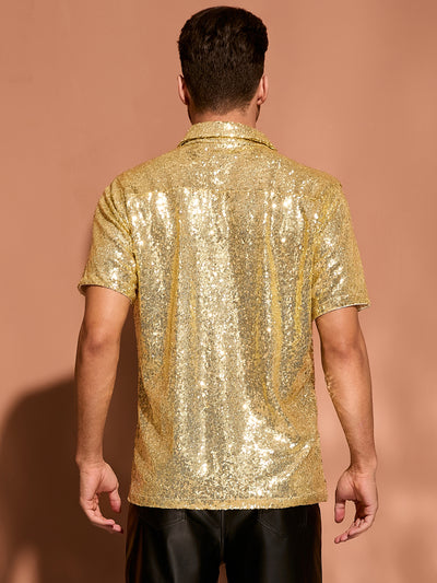 Sequin Shirts for Men's Glitter 70s Disco Shirt Button Down Short Sleeve Metallic Tops