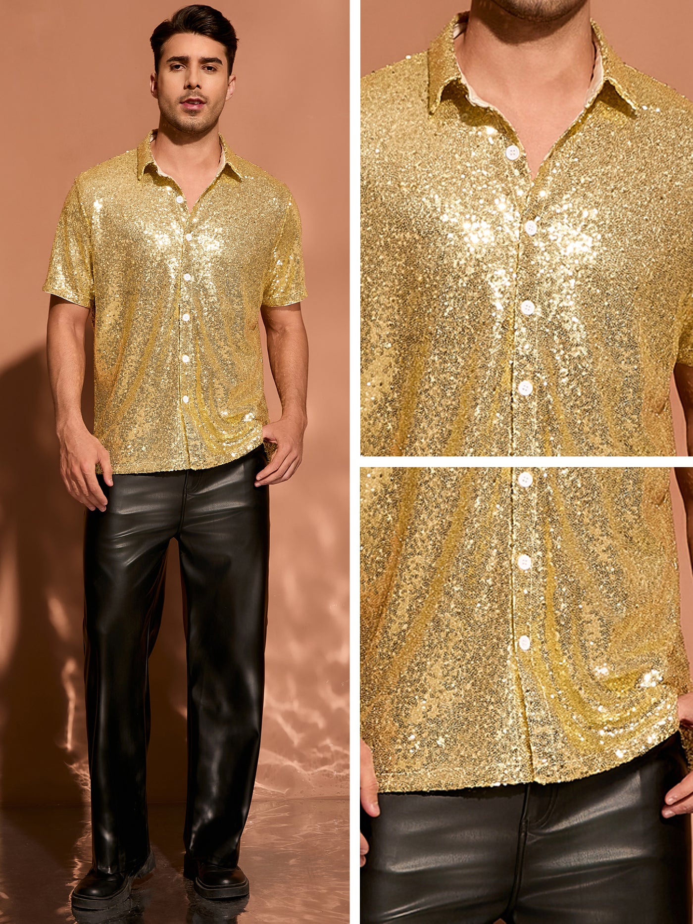 Bublédon Sequin Shirts for Men's Glitter 70s Disco Shirt Button Down Short Sleeve Metallic Tops