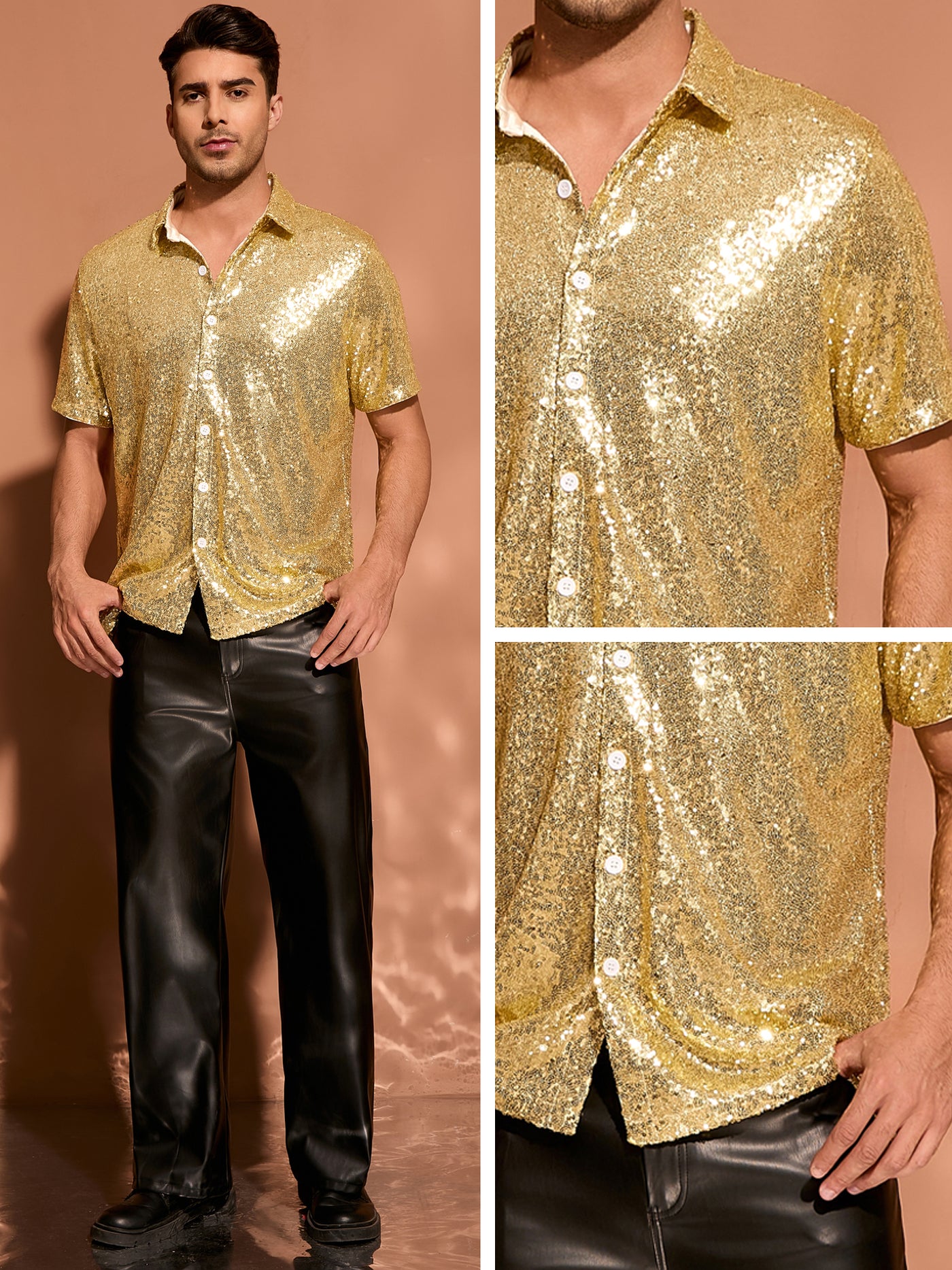 Bublédon Sequin Shirts for Men's Glitter 70s Disco Shirt Button Down Short Sleeve Metallic Tops