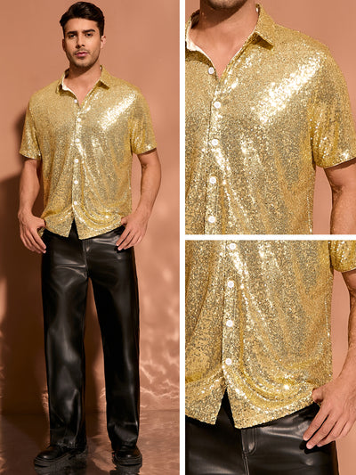 Sequin Shirts for Men's Glitter 70s Disco Shirt Button Down Short Sleeve Metallic Tops