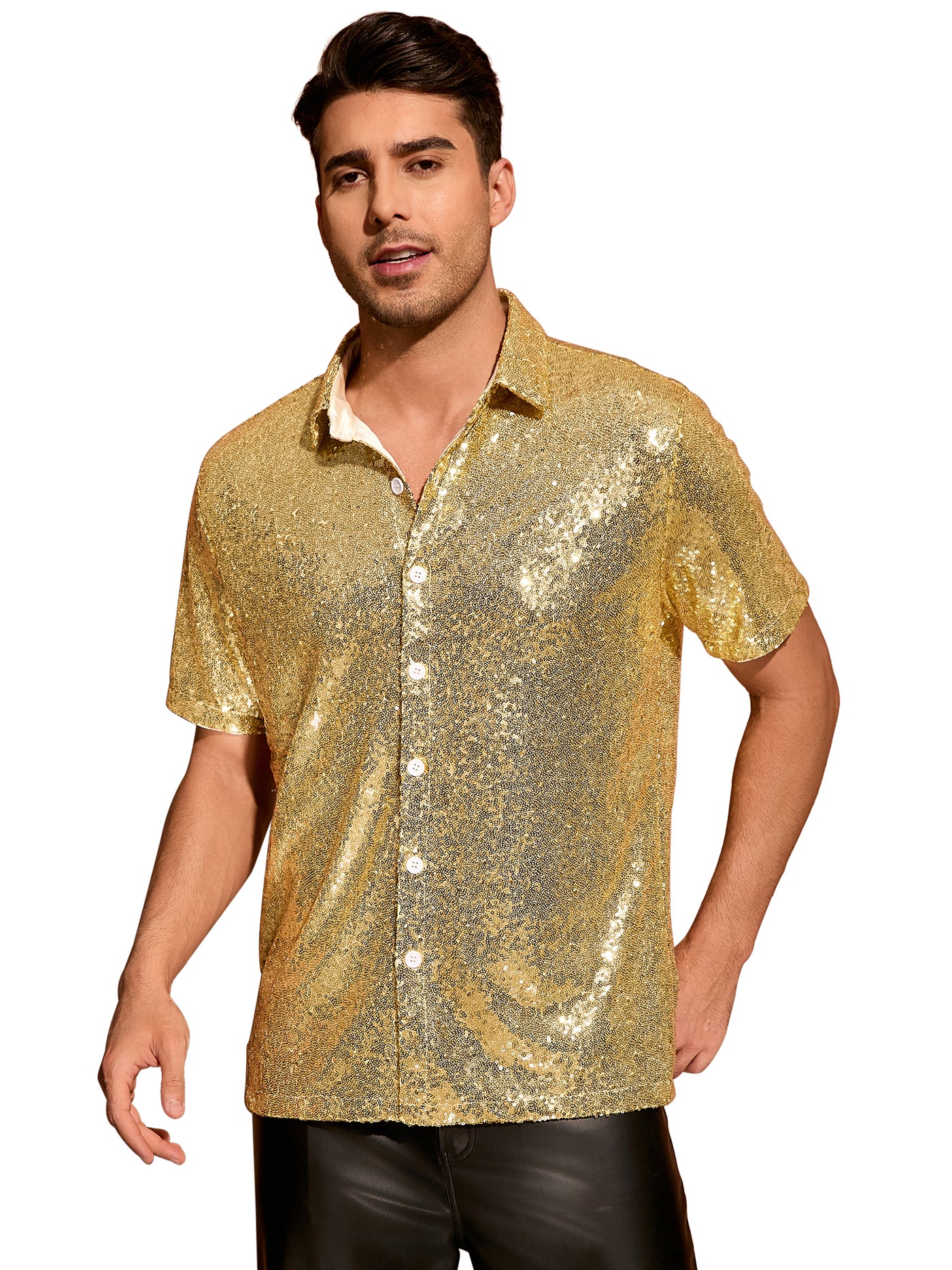 Bublédon Sequin Shirts for Men's Glitter 70s Disco Shirt Button Down Short Sleeve Metallic Tops