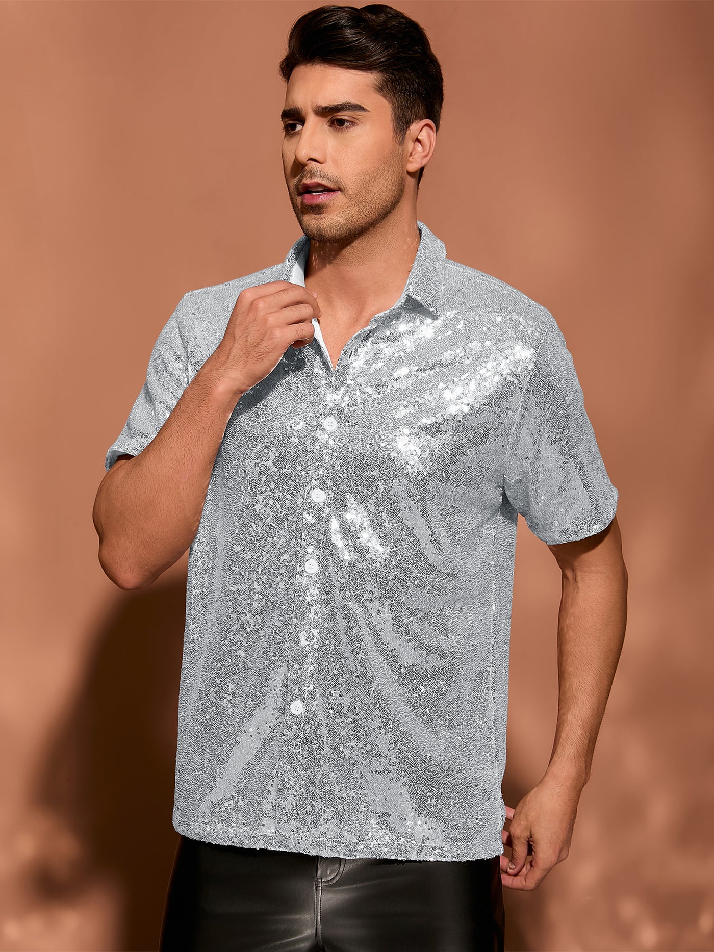 Bublédon Sequin Shirts for Men's Glitter 70s Disco Shirt Button Down Short Sleeve Metallic Tops