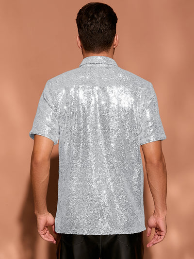 Sequin Shirts for Men's Glitter 70s Disco Shirt Button Down Short Sleeve Metallic Tops