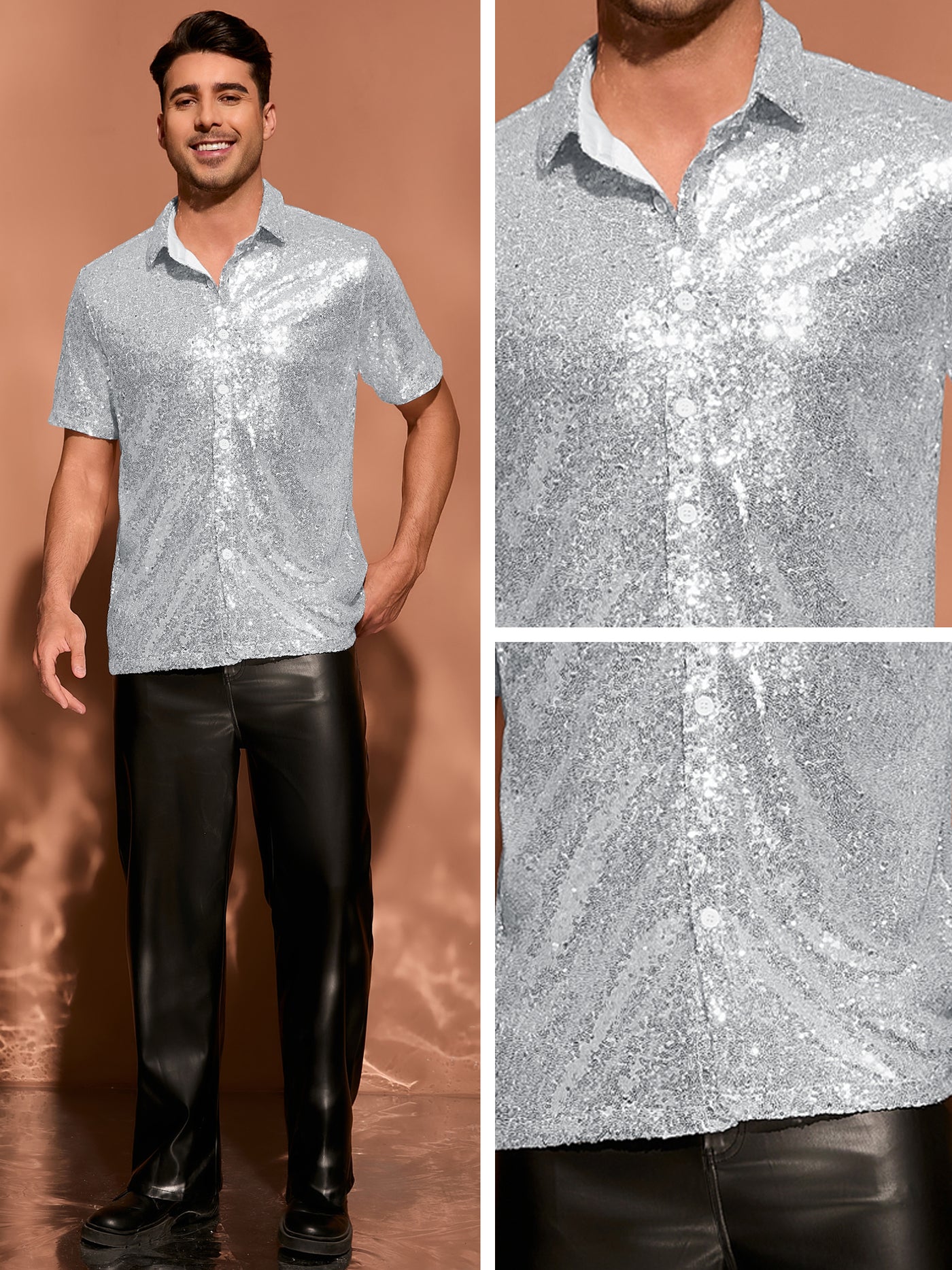 Bublédon Sequin Shirts for Men's Glitter 70s Disco Shirt Button Down Short Sleeve Metallic Tops