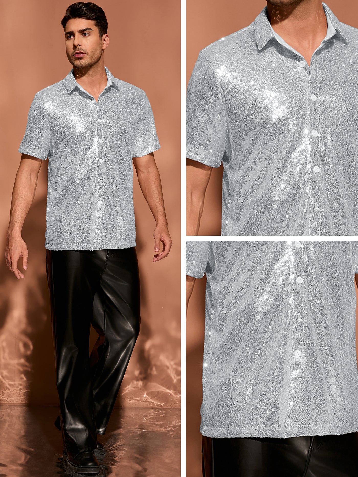 Bublédon Sequin Shirts for Men's Glitter 70s Disco Shirt Button Down Short Sleeve Metallic Tops