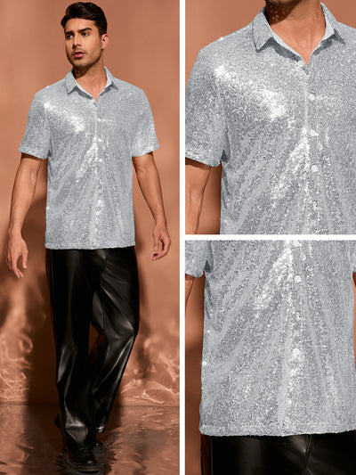 Sequin Shirts for Men's Glitter 70s Disco Shirt Button Down Short Sleeve Metallic Tops