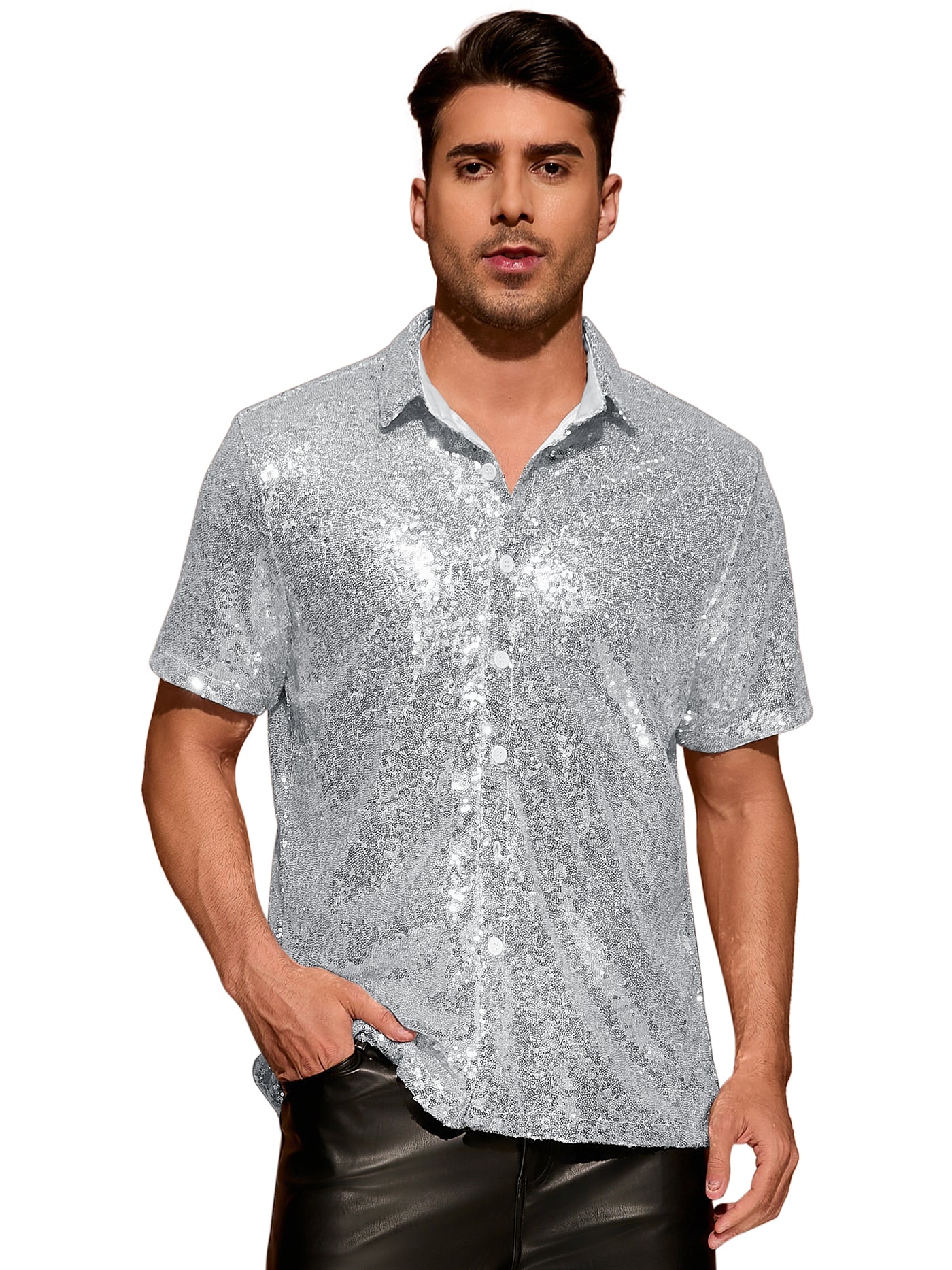 Bublédon Sequin Shirts for Men's Glitter 70s Disco Shirt Button Down Short Sleeve Metallic Tops