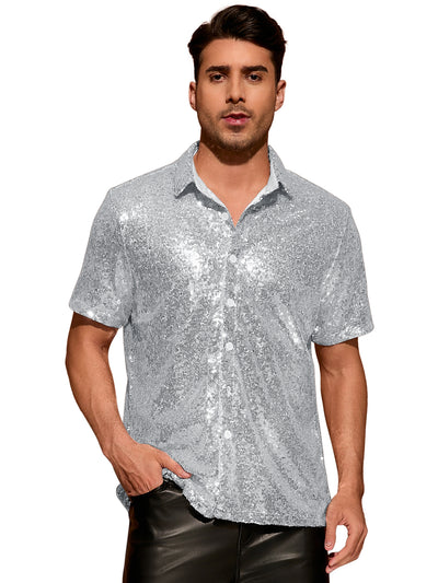 Sequin Shirts for Men's Glitter 70s Disco Shirt Button Down Short Sleeve Metallic Tops