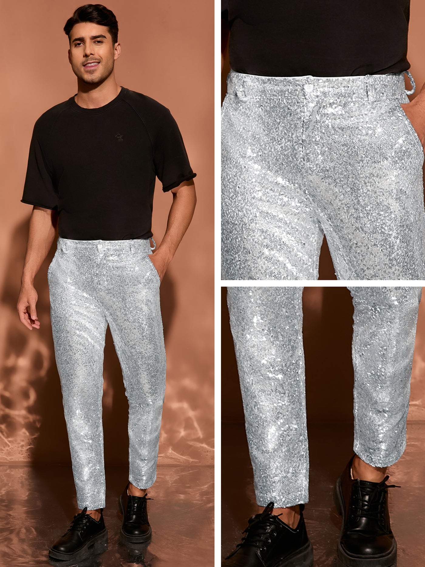 Bublédon Men's Shiny Pants Glitter 70s Disco Night Club Straight Leg Sequin Trousers