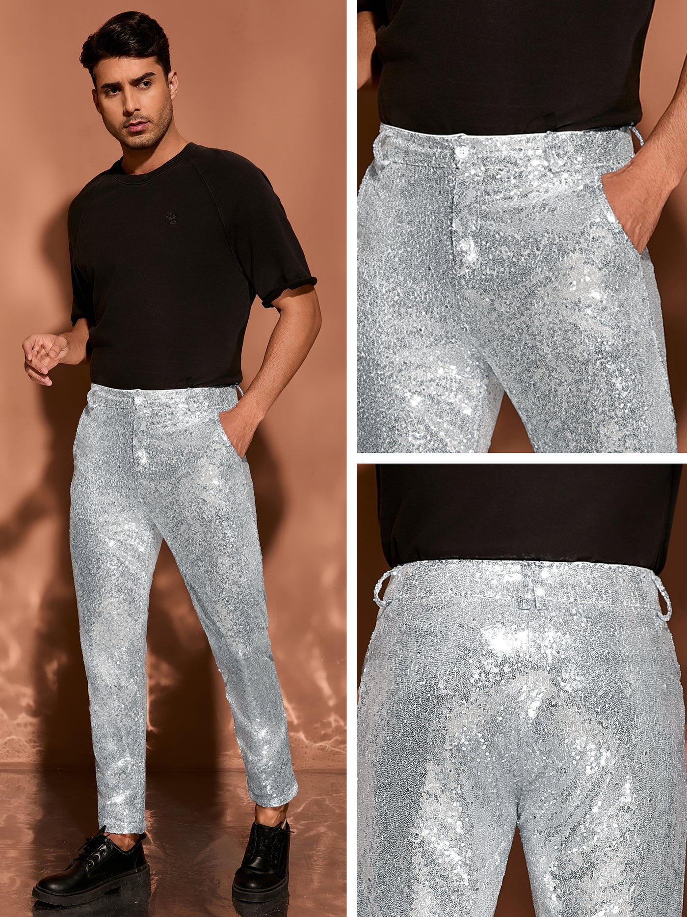 Bublédon Men's Shiny Pants Glitter 70s Disco Night Club Straight Leg Sequin Trousers