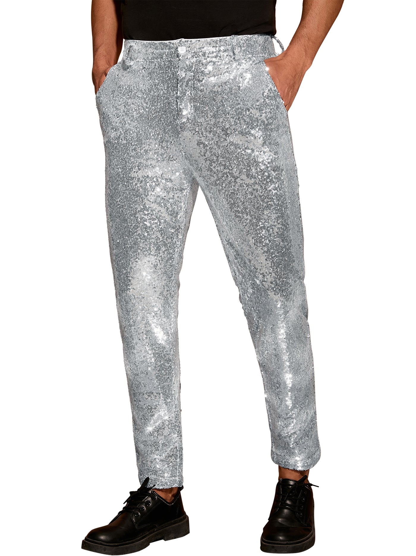 Bublédon Men's Shiny Pants Glitter 70s Disco Night Club Straight Leg Sequin Trousers