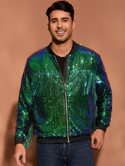 Bublédon Men's Shiny Tassel Zipper 70s Disco Sparkly Sequins Baseball Bomber Jackets