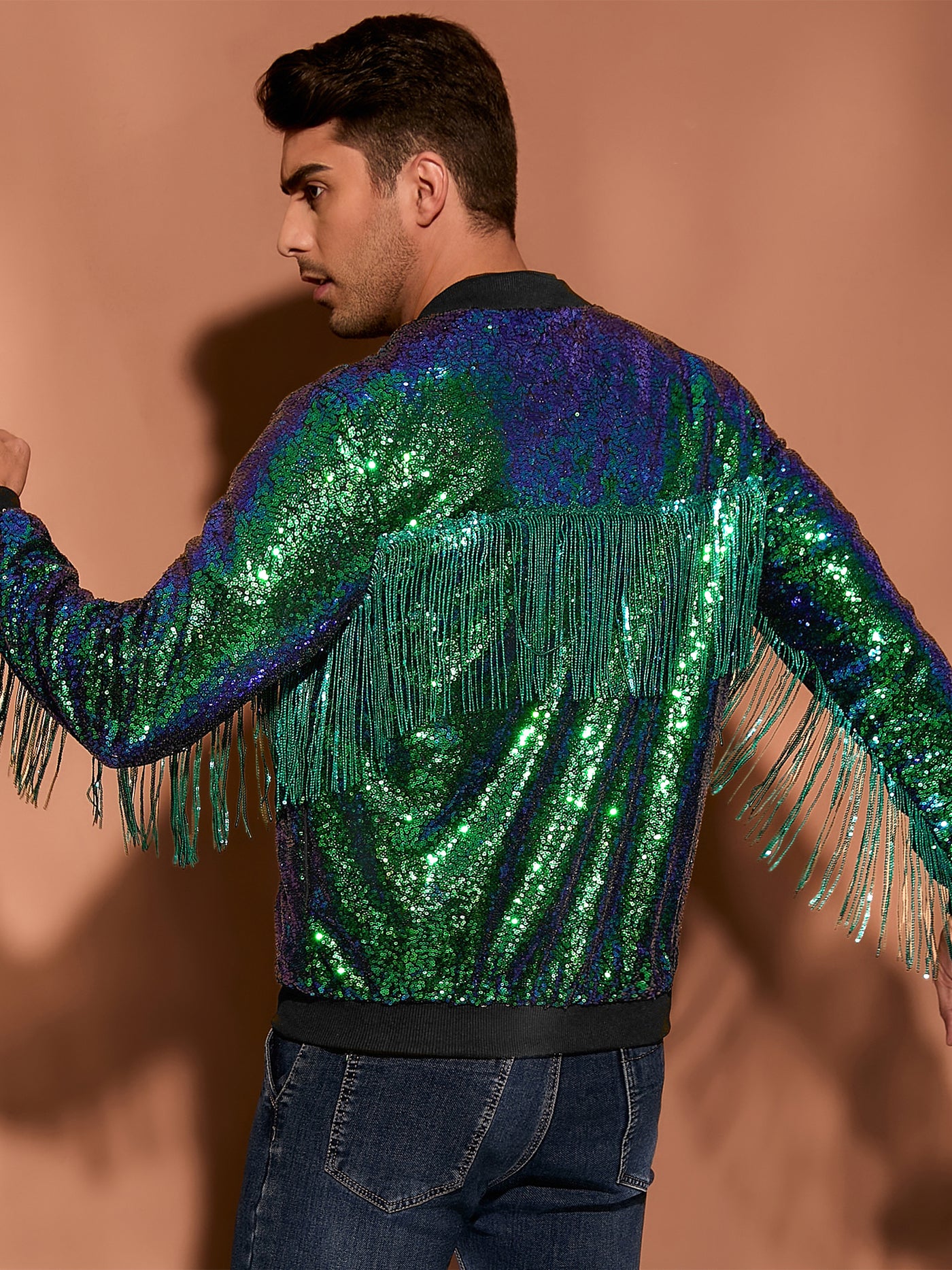 Bublédon Men's Shiny Tassel Zipper 70s Disco Sparkly Sequins Baseball Bomber Jackets