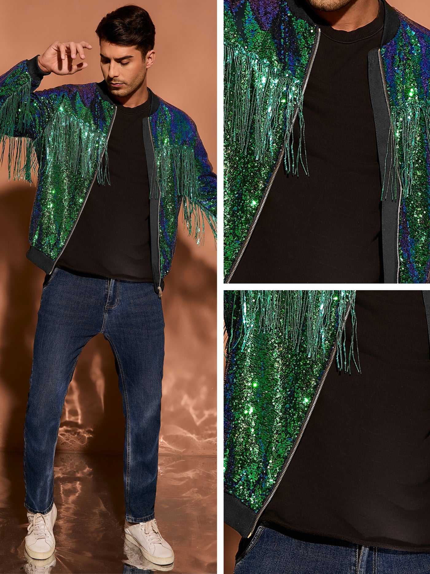 Bublédon Men's Shiny Tassel Zipper 70s Disco Sparkly Sequins Baseball Bomber Jackets