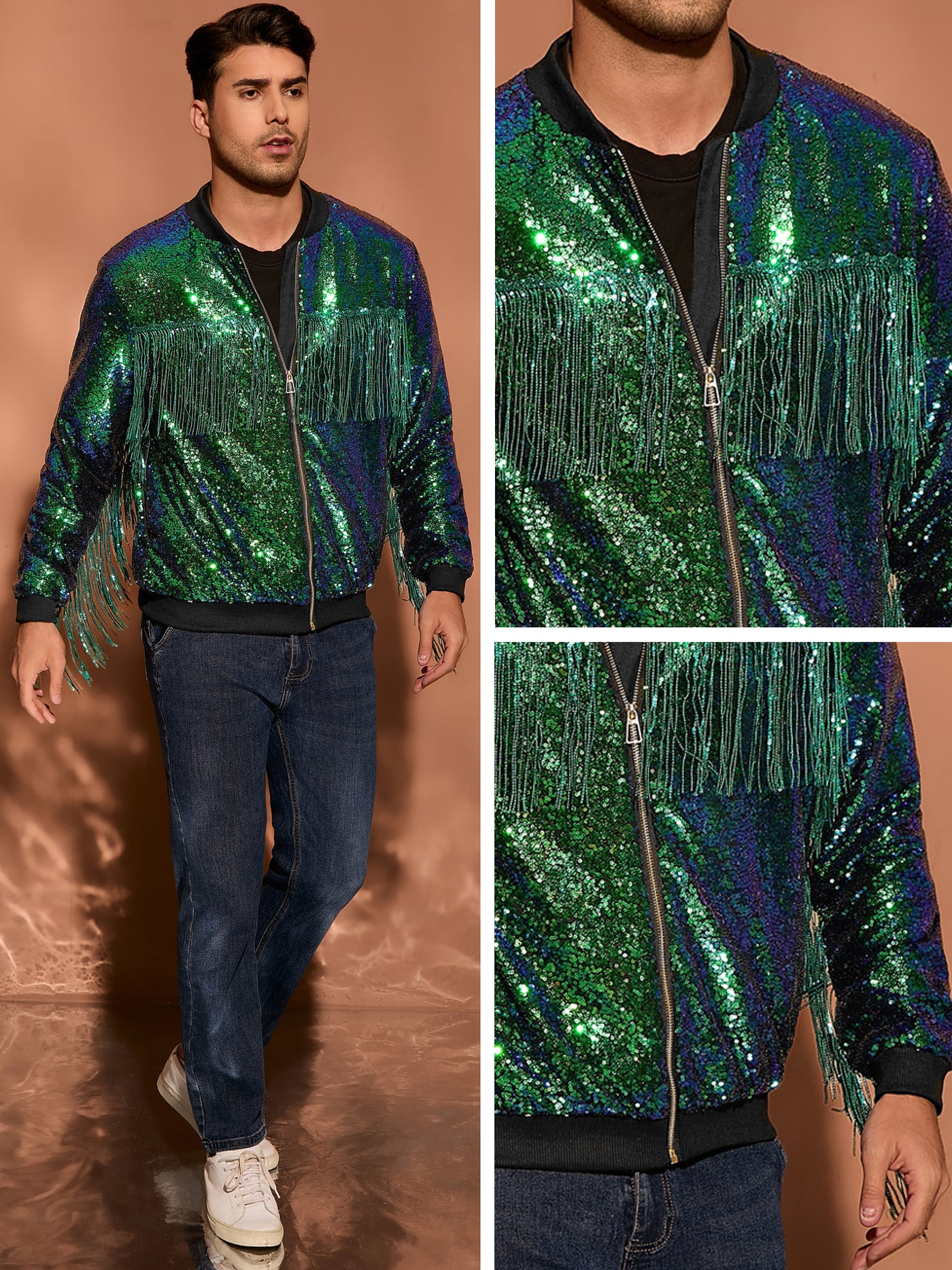 Bublédon Men's Shiny Tassel Zipper 70s Disco Sparkly Sequins Baseball Bomber Jackets