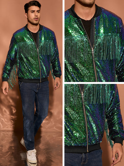 Men's Shiny Tassel Zipper 70s Disco Sparkly Sequins Baseball Bomber Jackets