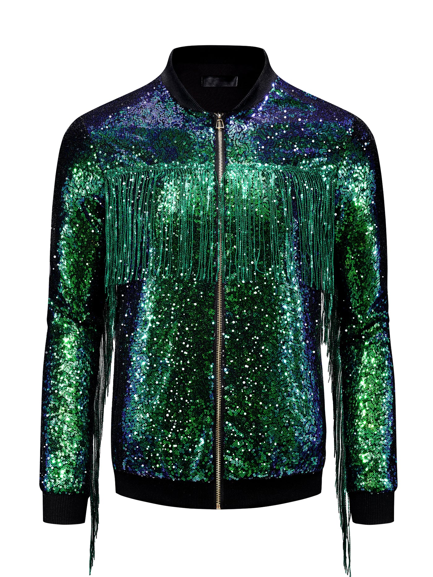 Bublédon Men's Shiny Tassel Zipper 70s Disco Sparkly Sequins Baseball Bomber Jackets