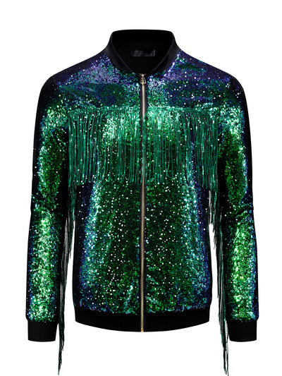 Men's Shiny Tassel Zipper 70s Disco Sparkly Sequins Baseball Bomber Jackets