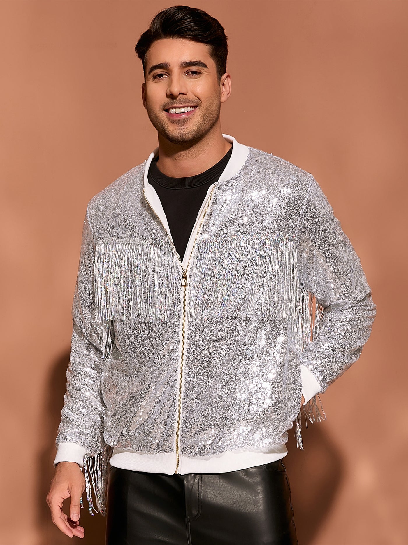 Bublédon Men's Shiny Tassel Zipper 70s Disco Sparkly Sequins Baseball Bomber Jackets