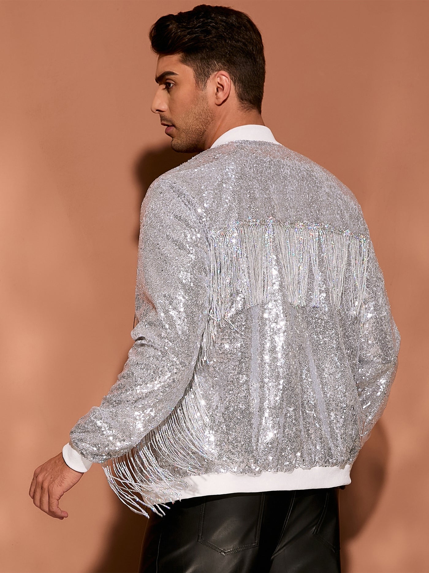 Bublédon Men's Shiny Tassel Zipper 70s Disco Sparkly Sequins Baseball Bomber Jackets