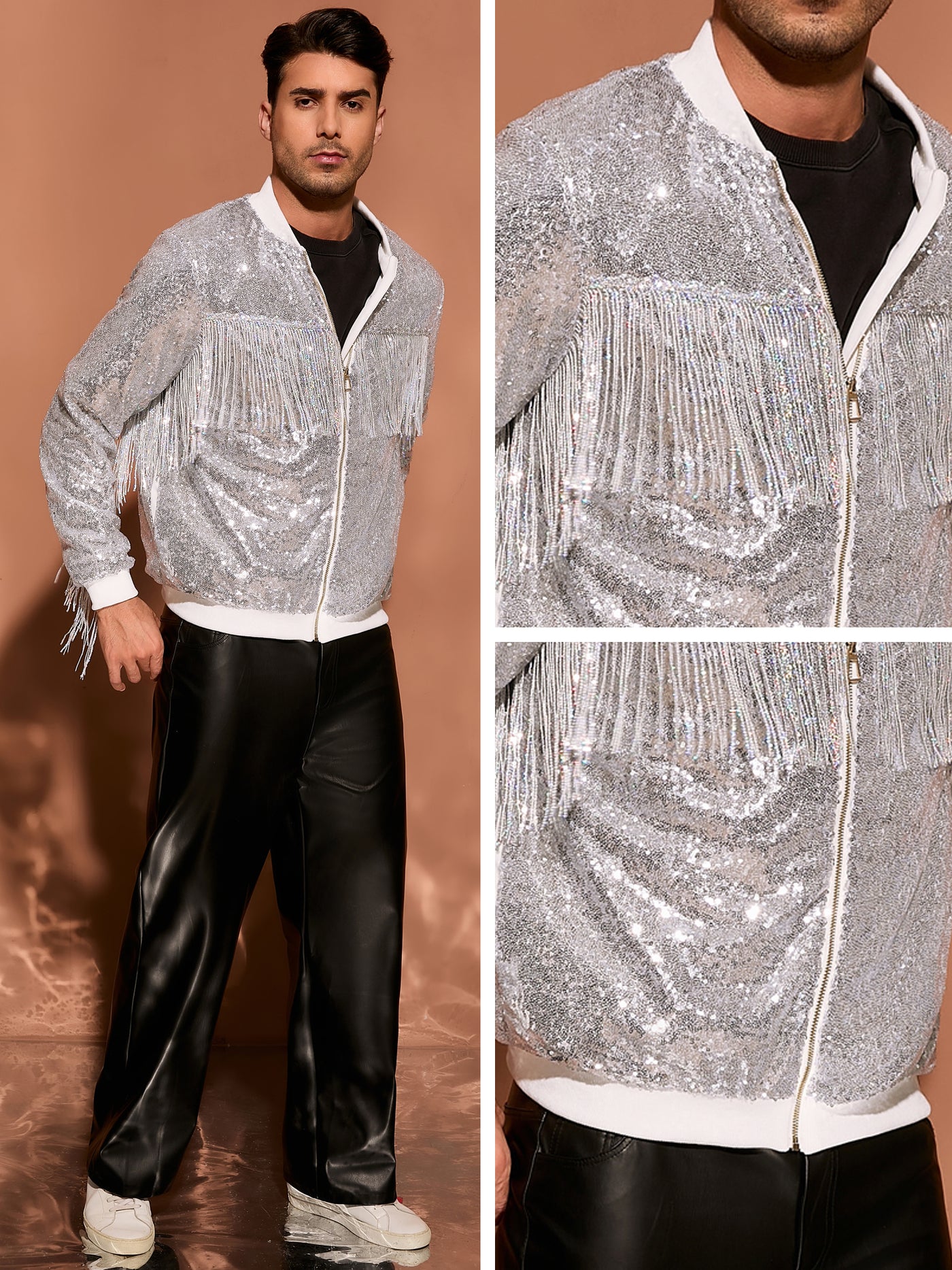 Bublédon Men's Shiny Tassel Zipper 70s Disco Sparkly Sequins Baseball Bomber Jackets