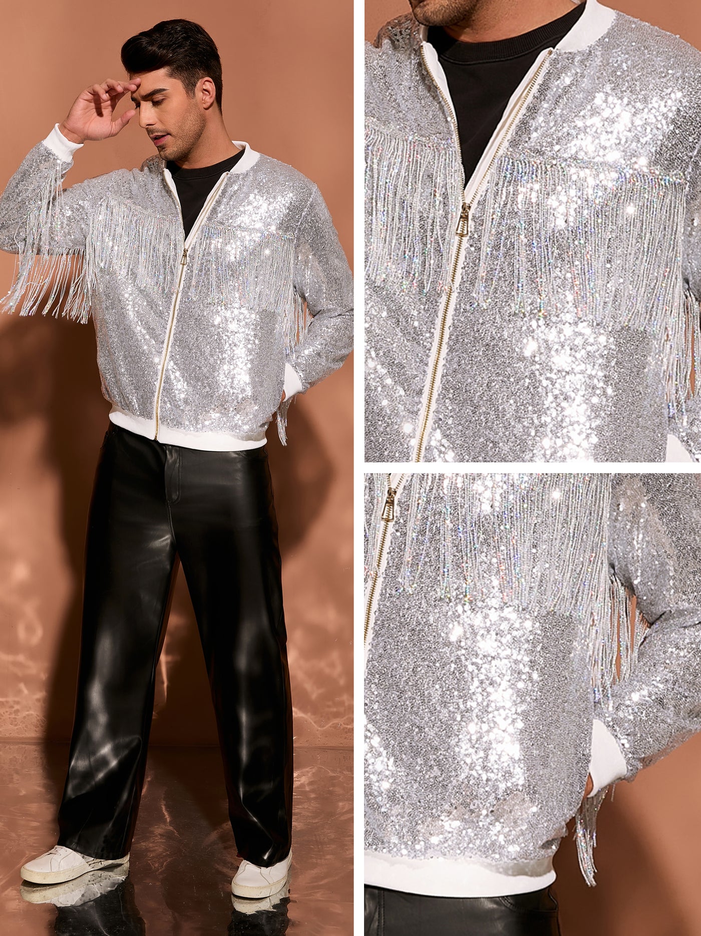 Bublédon Men's Shiny Tassel Zipper 70s Disco Sparkly Sequins Baseball Bomber Jackets