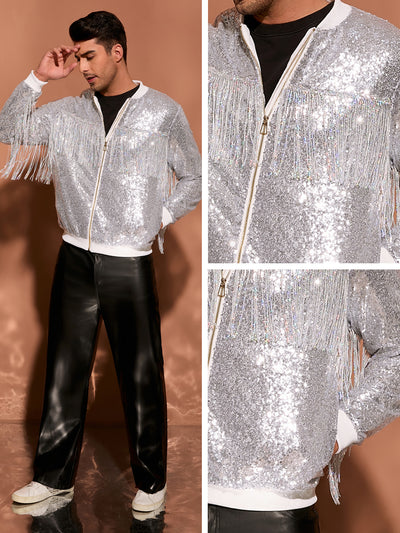 Men's Shiny Tassel Zipper 70s Disco Sparkly Sequins Baseball Bomber Jackets