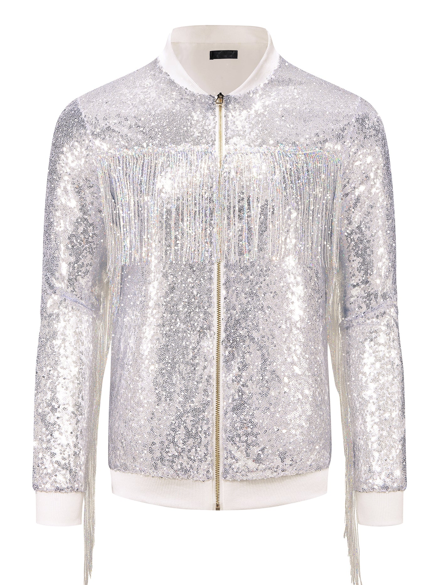 Bublédon Men's Shiny Tassel Zipper 70s Disco Sparkly Sequins Baseball Bomber Jackets