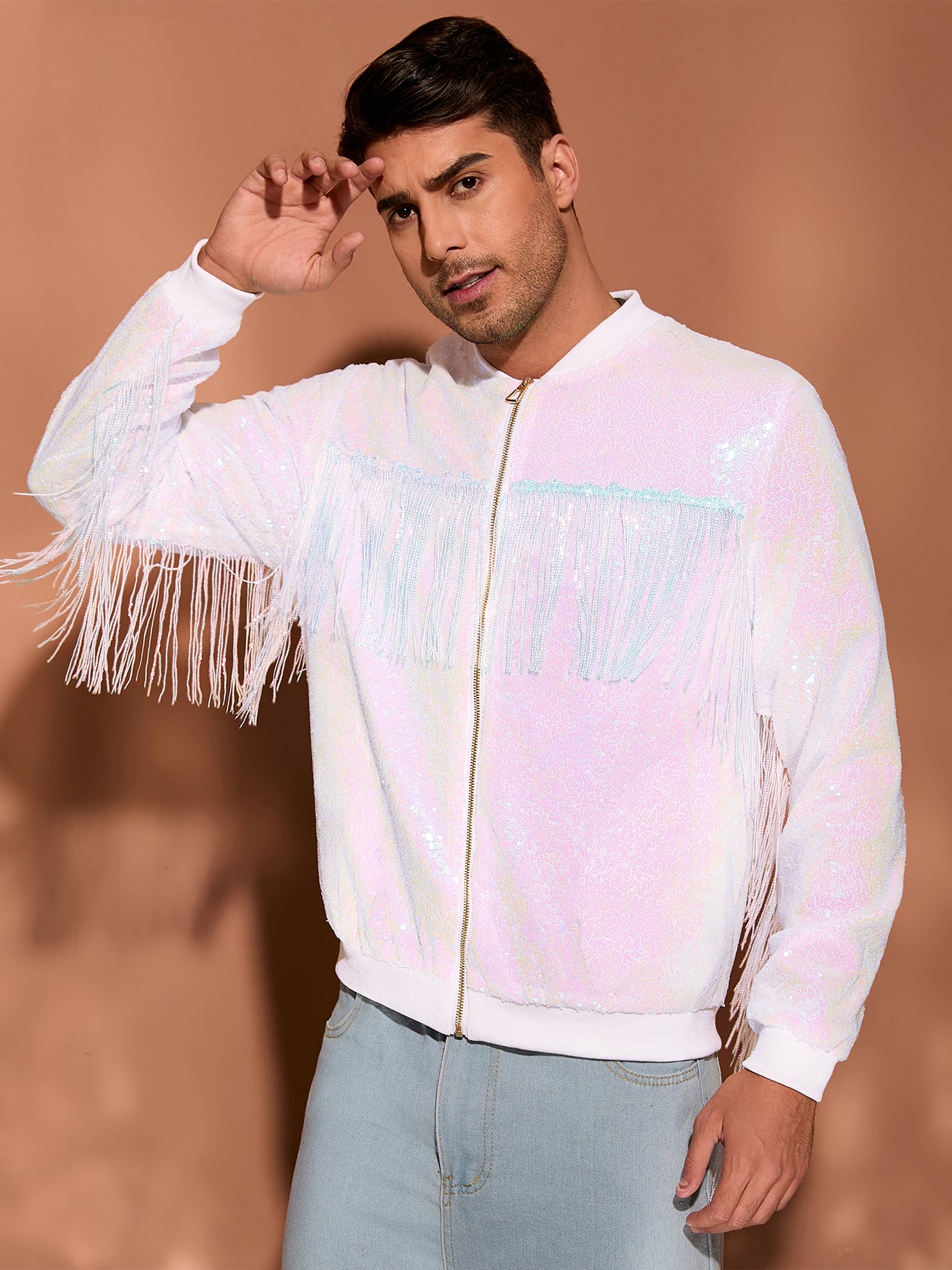 Bublédon Men's Shiny Tassel Zipper 70s Disco Sparkly Sequins Baseball Bomber Jackets