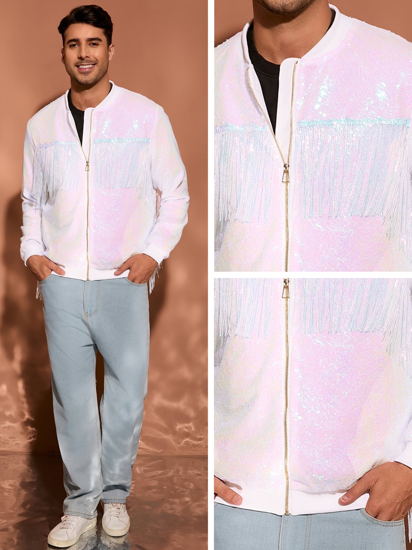 Bublédon Men's Shiny Tassel Zipper 70s Disco Sparkly Sequins Baseball Bomber Jackets