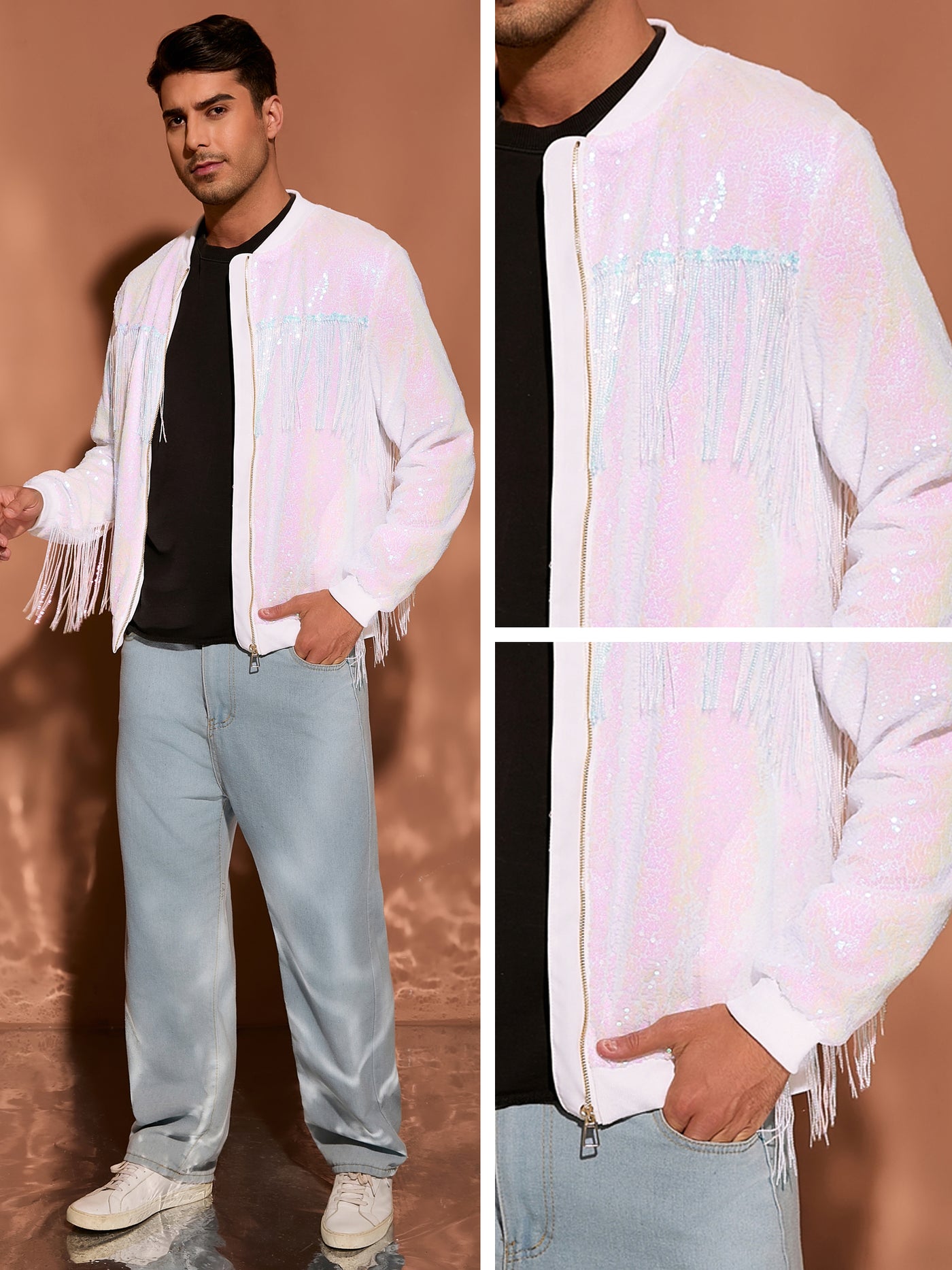 Bublédon Men's Shiny Tassel Zipper 70s Disco Sparkly Sequins Baseball Bomber Jackets