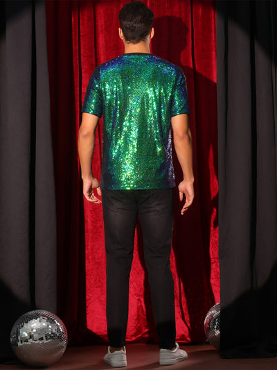 Glitter T-Shirt for Men's Sequin Tee Tops Short Sleeve Crew Neck Disco Metallic t Shirt