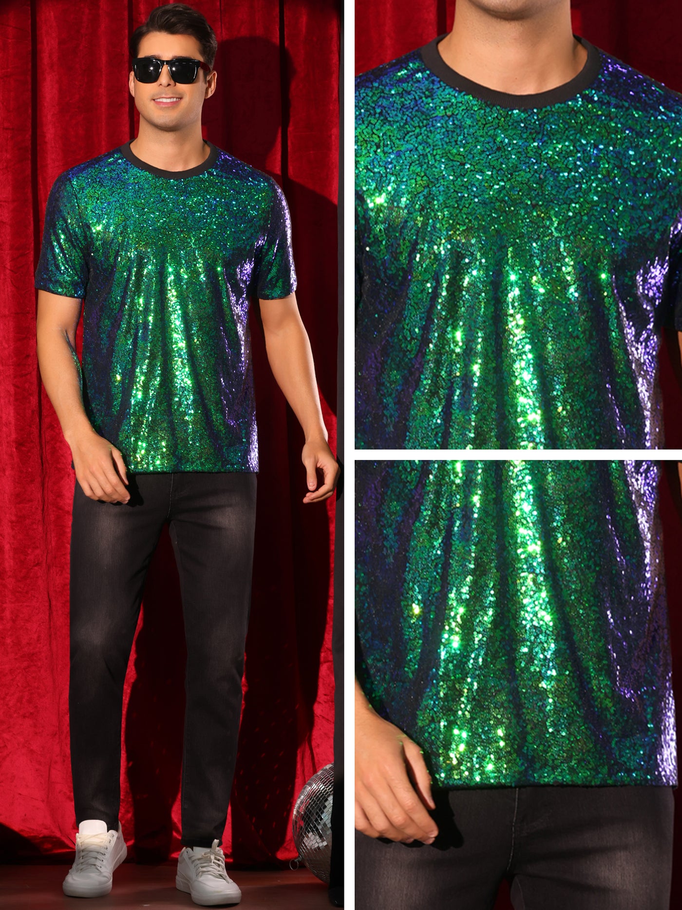 Bublédon Glitter T-Shirt for Men's Sequin Tee Tops Short Sleeve Crew Neck Disco Metallic t Shirt