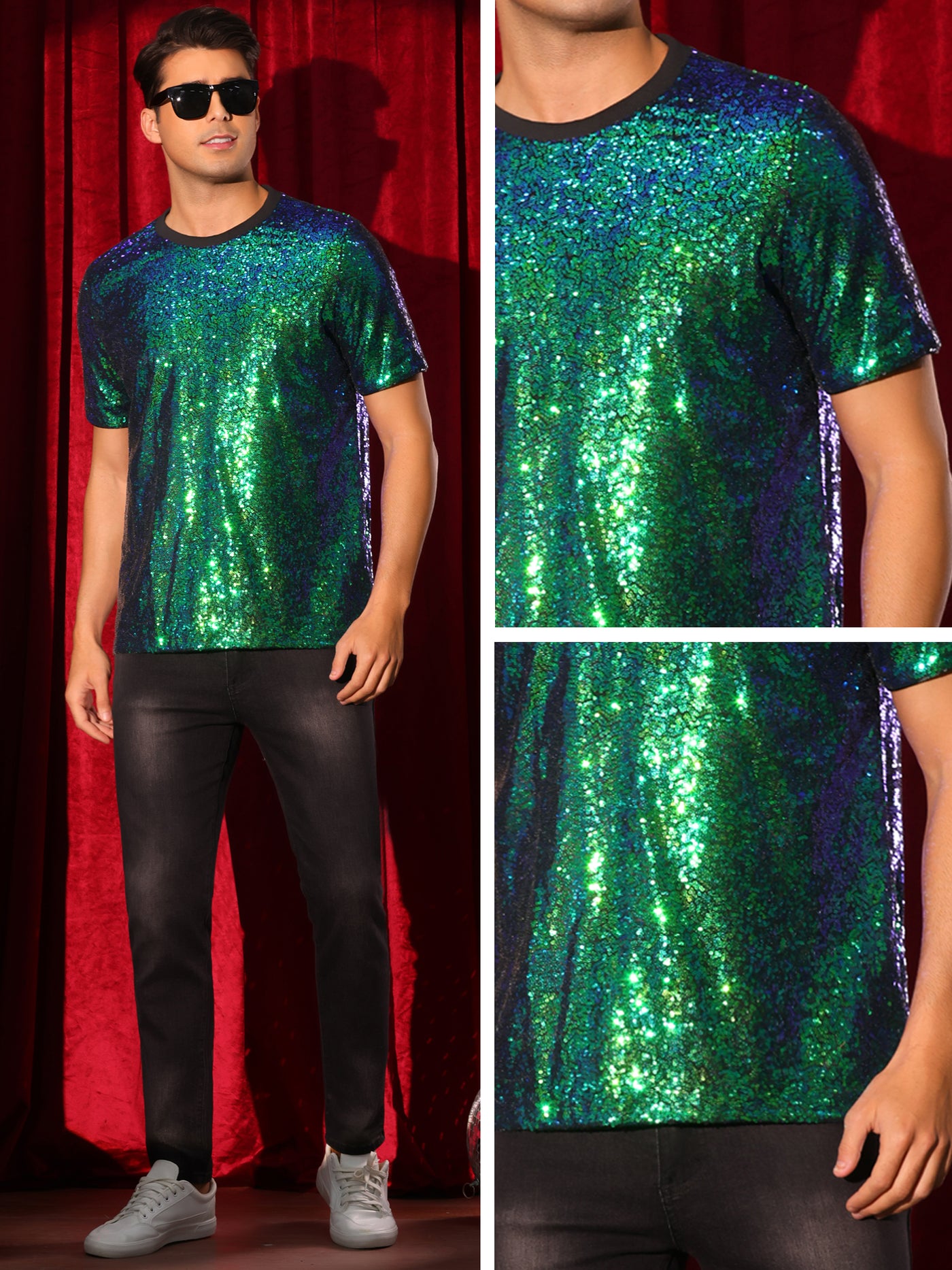 Bublédon Glitter T-Shirt for Men's Sequin Tee Tops Short Sleeve Crew Neck Disco Metallic t Shirt