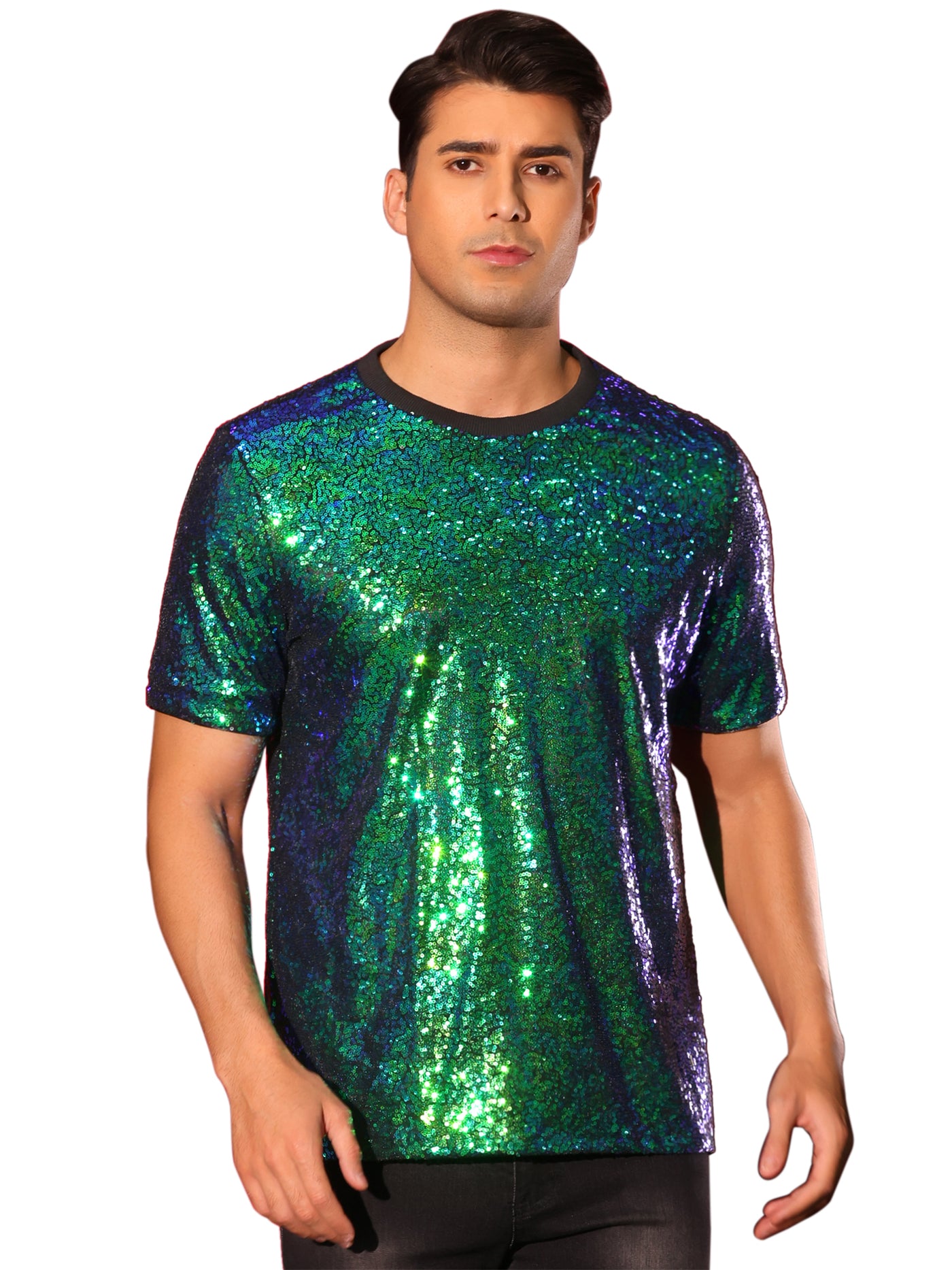 Bublédon Glitter T-Shirt for Men's Sequin Tee Tops Short Sleeve Crew Neck Disco Metallic t Shirt