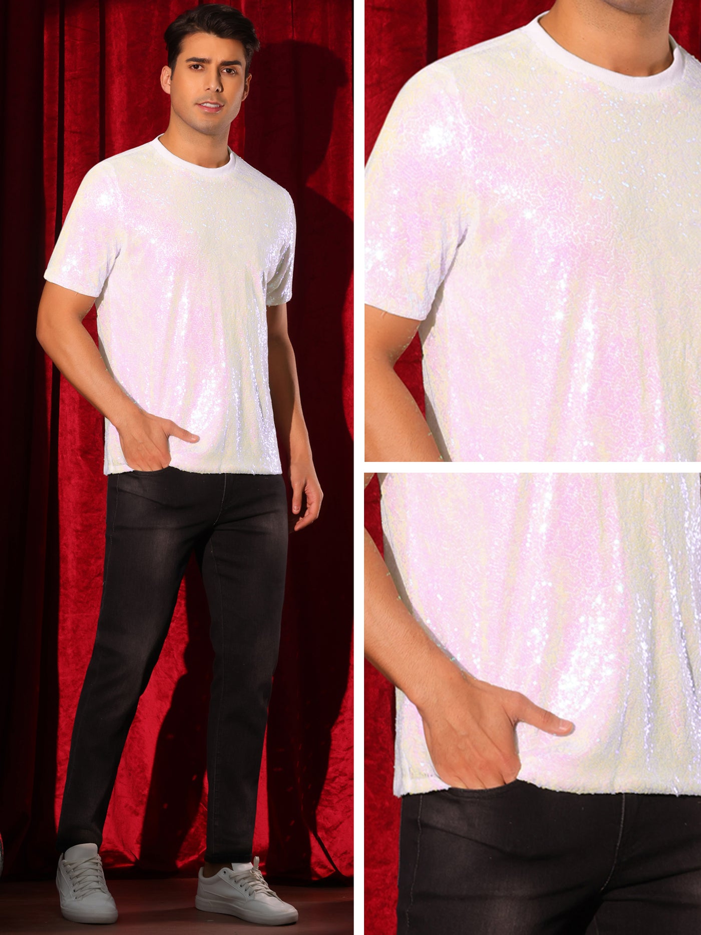 Bublédon Glitter T-Shirt for Men's Sequin Tee Tops Short Sleeve Crew Neck Disco Metallic t Shirt