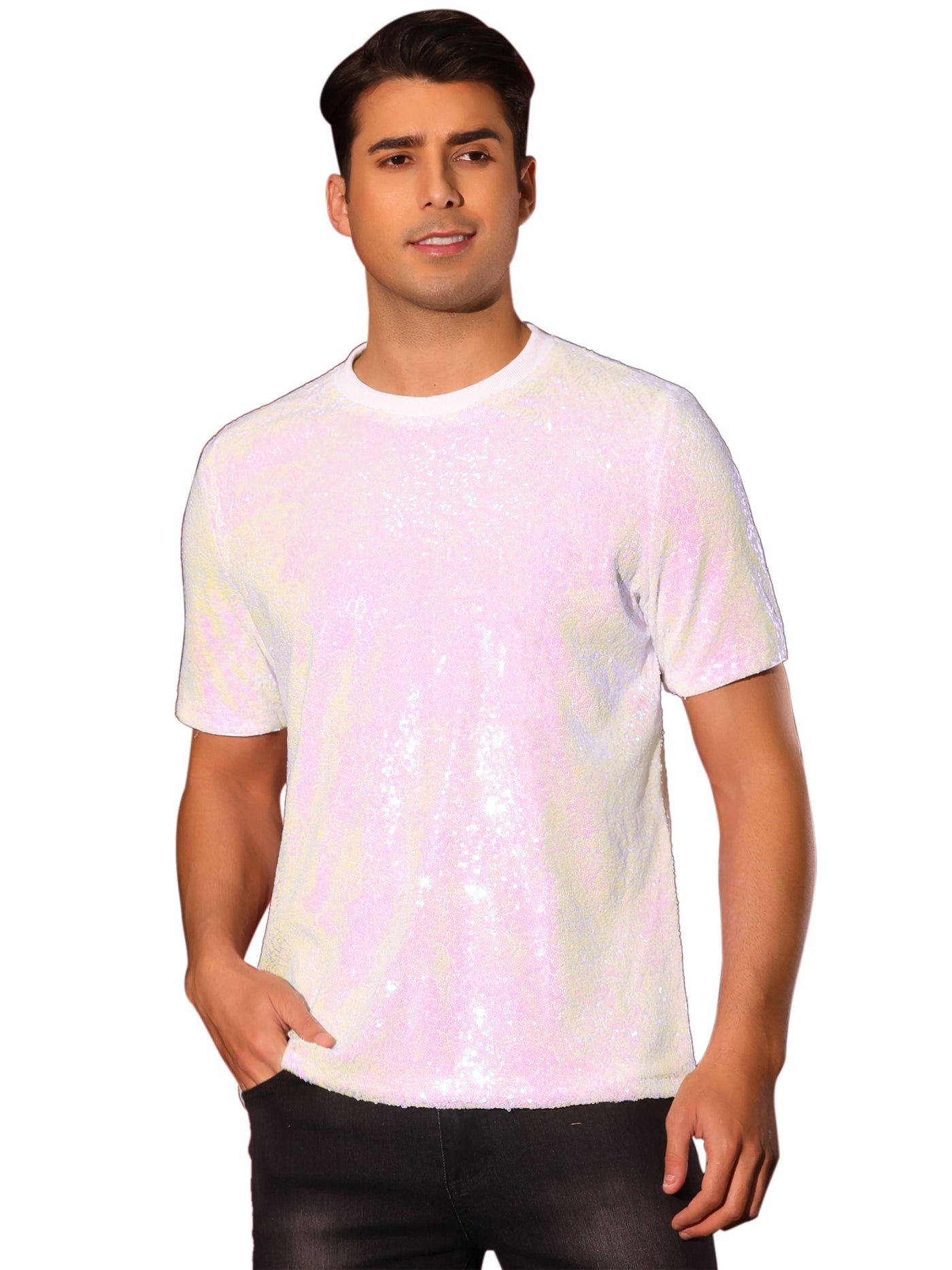 Bublédon Glitter T-Shirt for Men's Sequin Tee Tops Short Sleeve Crew Neck Disco Metallic t Shirt